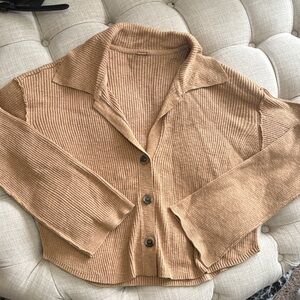 Free People Tan Ribbed Button-Up Cardigan